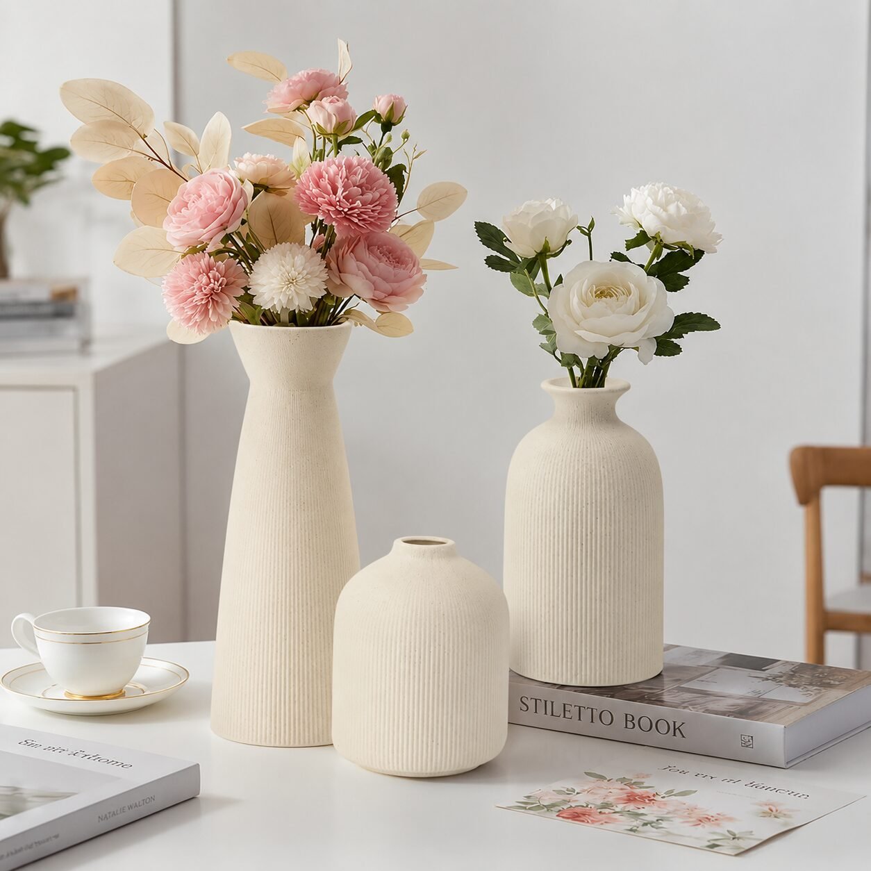 Beige gerippte Keramikvasen-Set - Image 2
