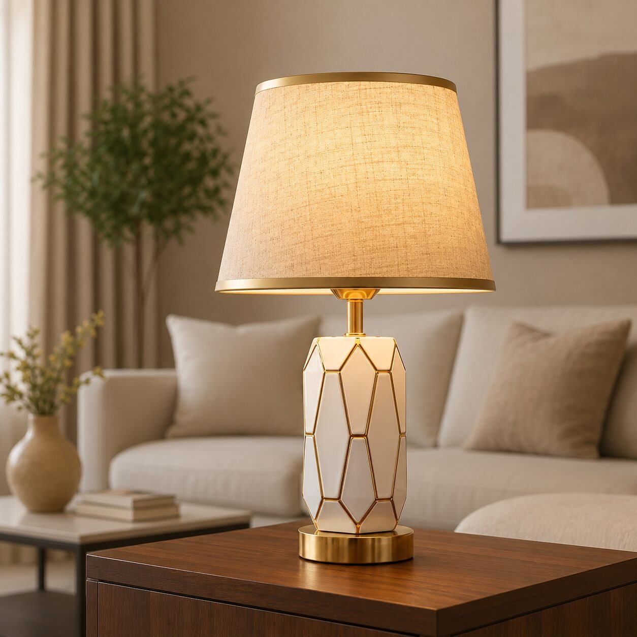 Weiße Keramik-Tischlampe mit goldenen Akzenten - Image 2