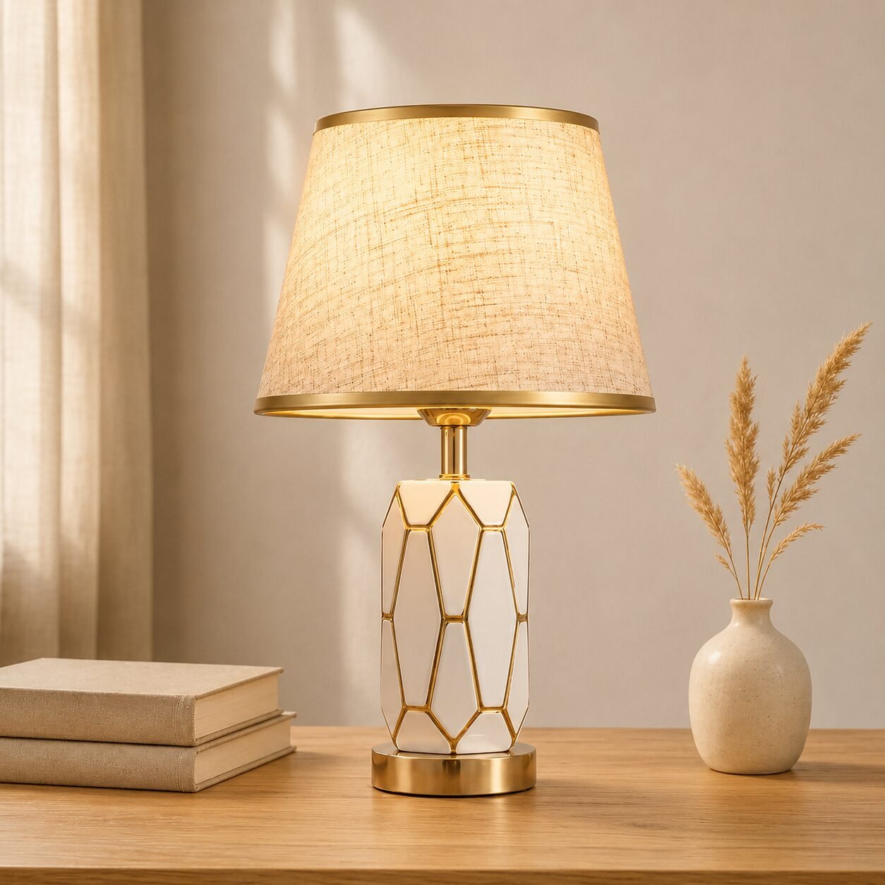 Weiße Keramik-Tischlampe mit goldenen Akzenten - Image 3